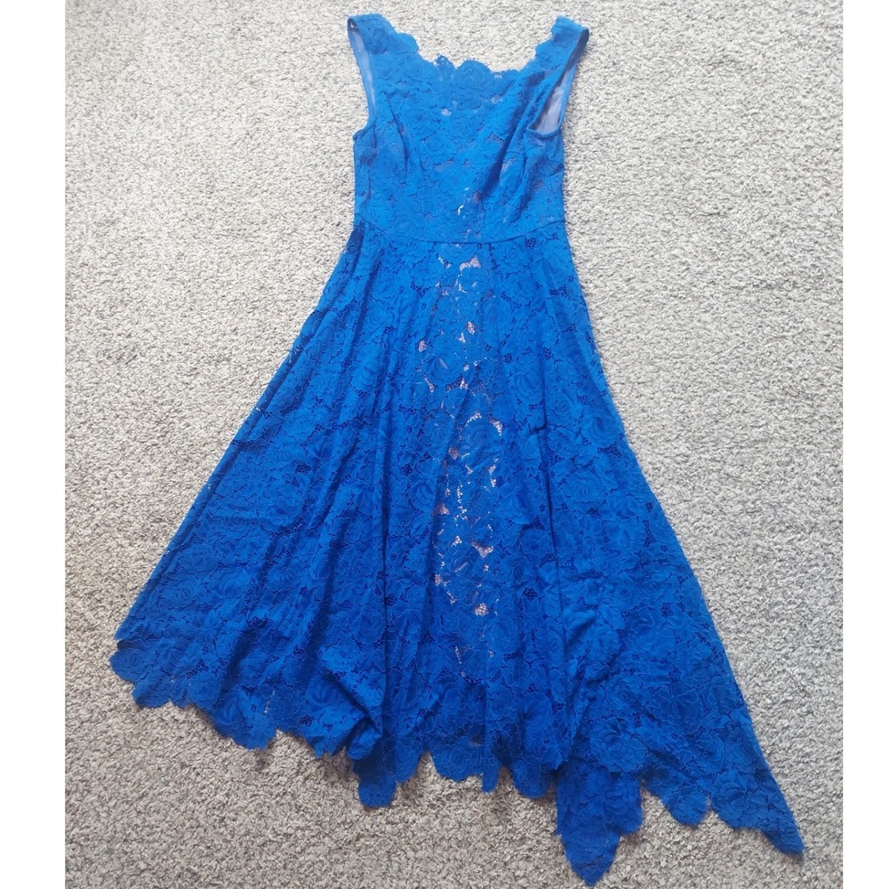 Tracy Reese Dress Womens 6 Blue Floral Lace Handkerchief Hem X8WQV97 Sleeveless